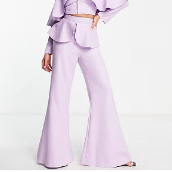 NWT ASOS LUXE Wide Flare Leg Tailored Pants Frill Overlay Lilac Purple 4 - Picture 2 of 14
